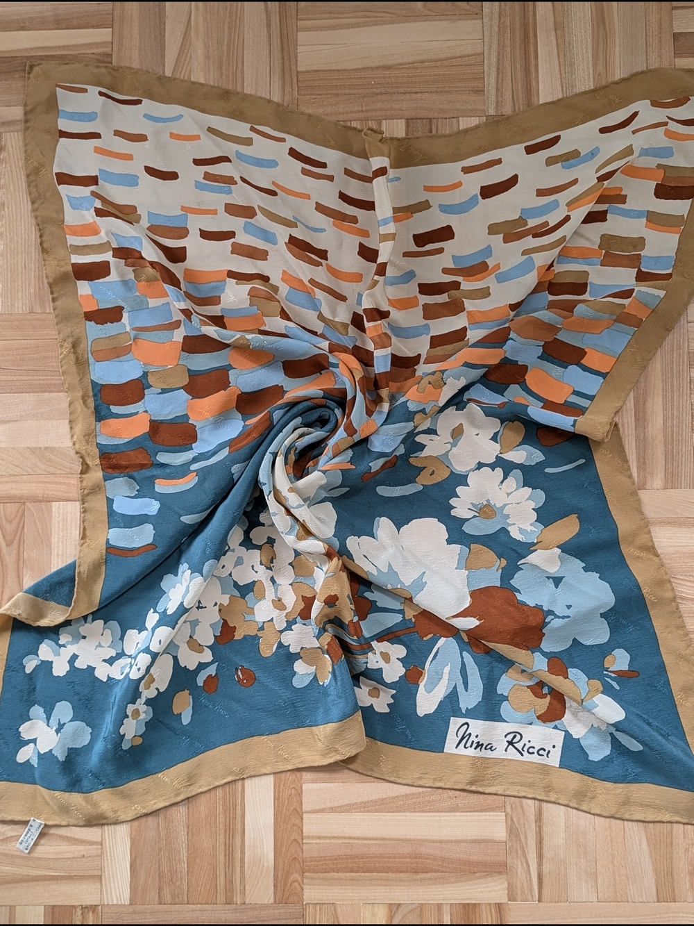 Nina Ricci Floral & Geometric Silk Scarf — Blue, Tan, Rust